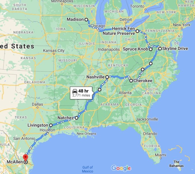 Approximate route from Wisconsin to South Texas, October 2020.