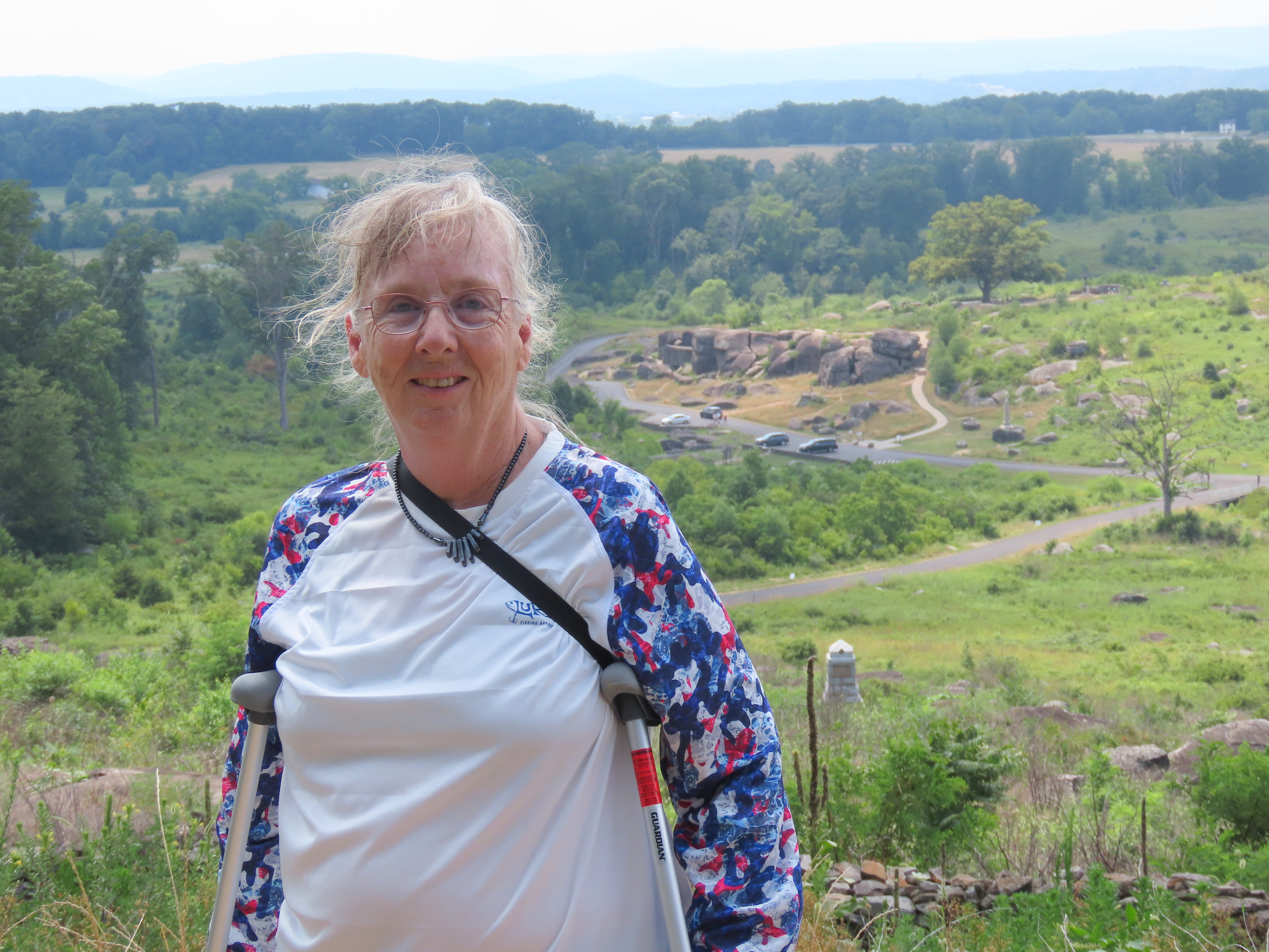 Eileen on crutches, Little Round Top, Gettysburg National Military Park, PA